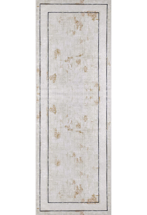 Load image 1 in gallery view. The Sleek and Contemporary - Washable Rug - JR1365 (Outlet) US is a rectangular cream and beige flat weave rug with subtle distressed brown patches, two dark parallel borders, and a minimalist vintage-inspired design.