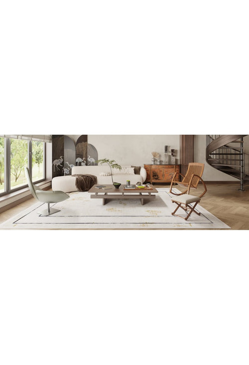 Load image 1 in gallery view. Modern living room with large windows, white sectional sofa, light chairs, wooden coffee table, greenery, decorative items, a wooden sideboard, spiral staircase, and the Sleek and Contemporary - Washable Rug - JR1365 (Outlet) US.