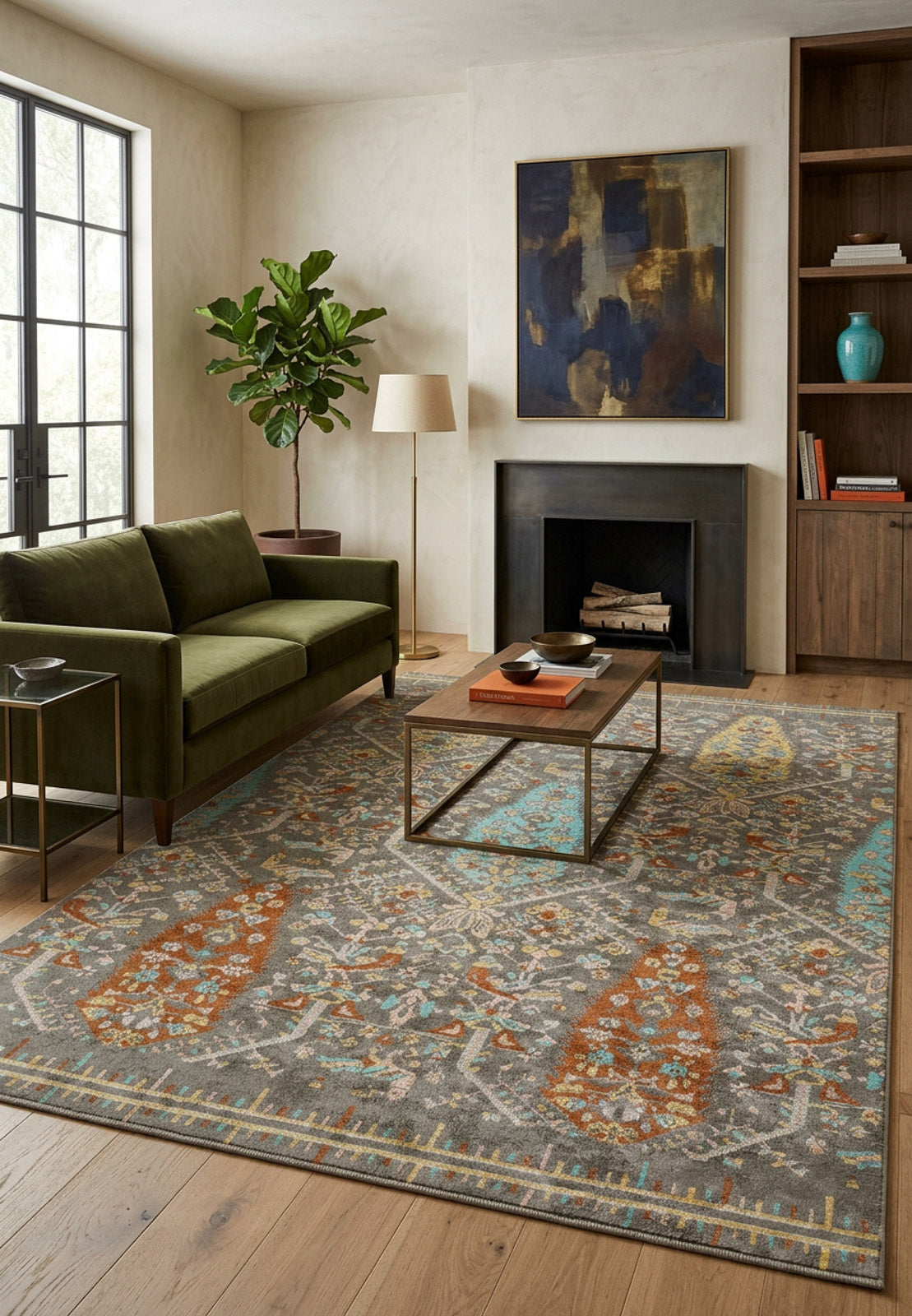 Grey traditional rug with orange and turquoise floral motifs, styled in a modern living room.