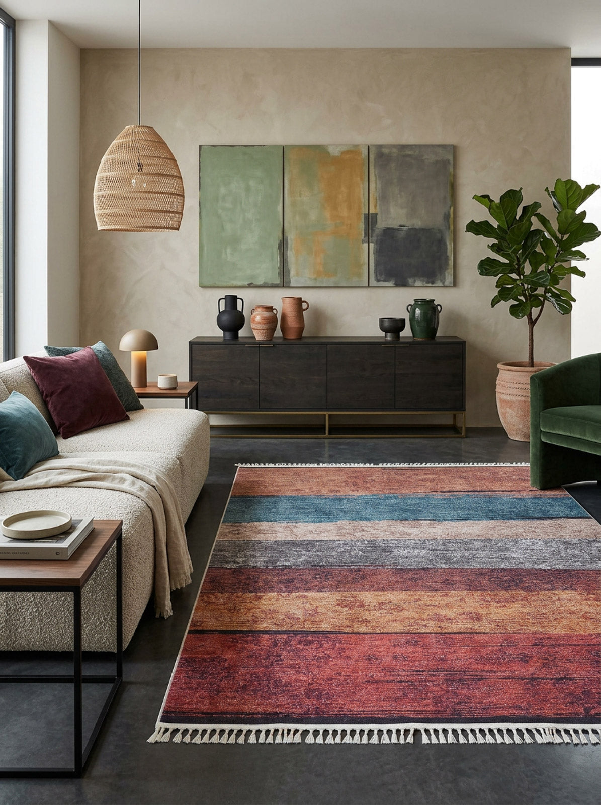A modern living room with a white textured sofa, colorful cushions, the Soft Brushed - Washable Rug - JR5056, a dark wooden sideboard with pottery, green armchair, large potted plant, pendant light, and abstract wall art.