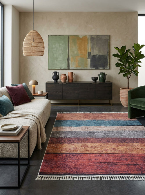 Load image 1 in gallery view. A modern living room with a white textured sofa, colorful cushions, the Soft Brushed - Washable Rug - JR5056, a dark wooden sideboard with pottery, green armchair, large potted plant, pendant light, and abstract wall art.