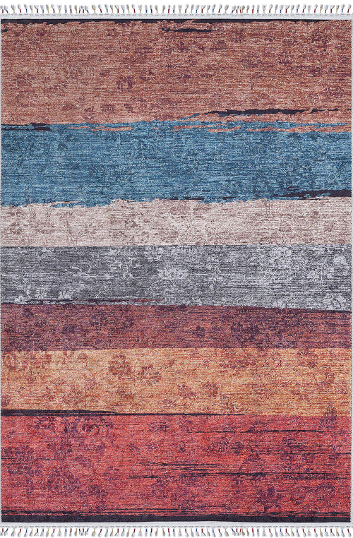 Load image 1 in gallery view. The Soft Brushed - Washable Rug - JR5056 (Custom Size) features horizontal red, orange, brown, blue, and gray stripes with a distressed look. Its fringed edges and durable build make it perfect for busy spaces.