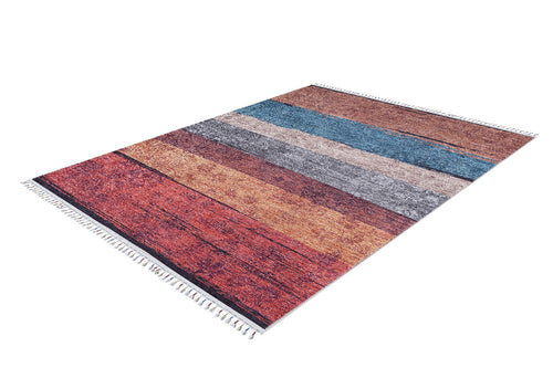 Load image 1 in gallery view. The Soft Brushed - Washable Rug - JR5056 (Custom Size) features multicolor horizontal stripes and short white fringe. Durable and perfect for high-traffic areas, it's shown on a white background.