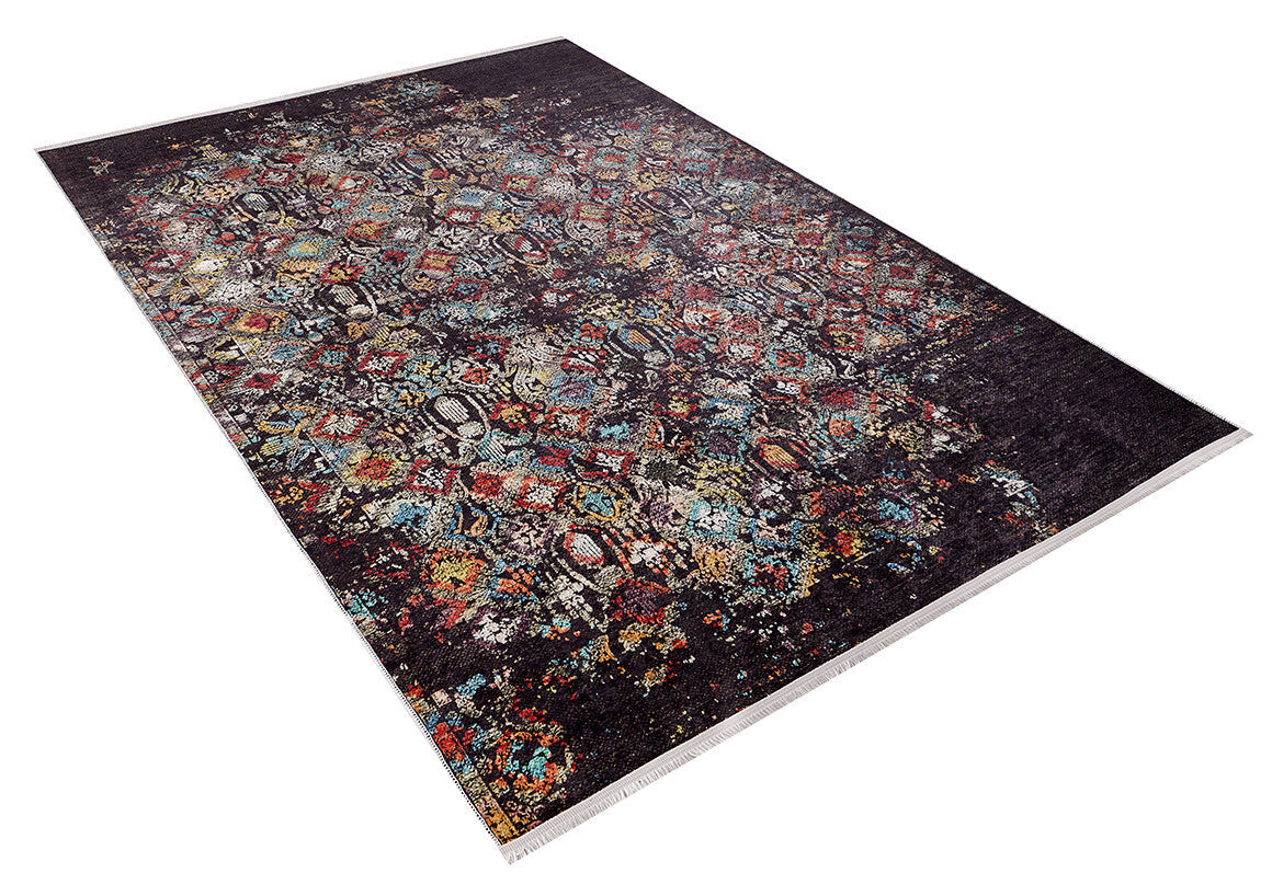 The Soft Haze - Washable Rug - JR1094 (Custom Size) features a large rectangular design with a dark background and vibrant red, blue, yellow, and white patterns—perfect for high-traffic areas. Shown on a white background.