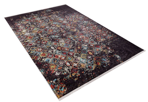 Bild 1 in Galerieansicht laden. The Soft Haze - Washable Rug - JR1094 (Custom Size) features a large rectangular design with a dark background and vibrant red, blue, yellow, and white patterns—perfect for high-traffic areas. Shown on a white background.