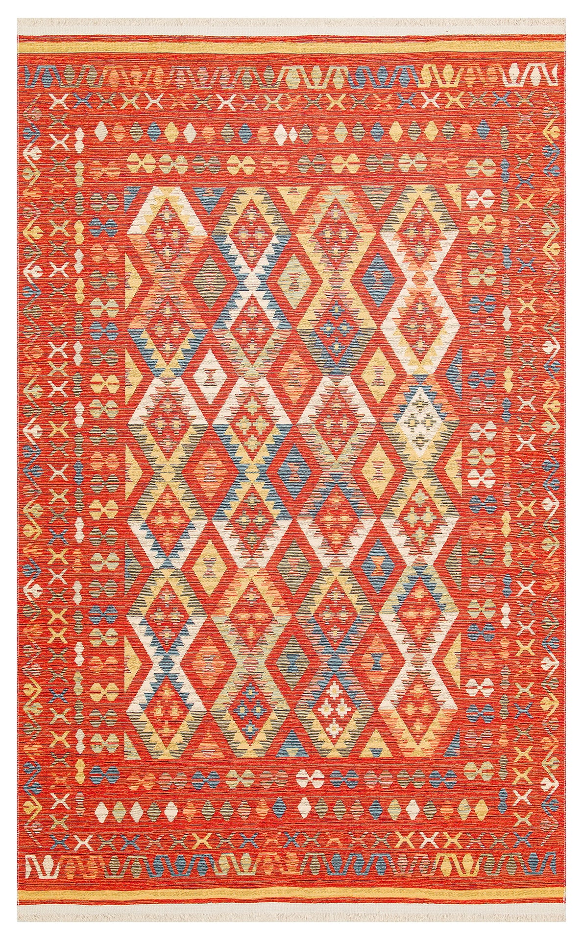 The Soft Mosaic - Washable Reversible Kilim - NMD08 features vibrant diamond patterns in red, yellow, blue, and orange with a red zigzag border. This colorful kilim brightens any space and is both washable and reversible for easy care.