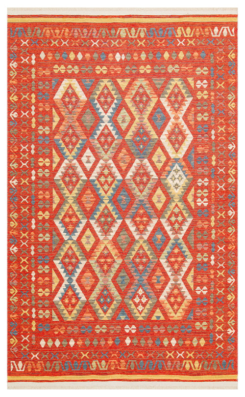 Load image 1 in gallery view. The Soft Mosaic - Washable Reversible Kilim - NMD08 features vibrant diamond patterns in red, yellow, blue, and orange with a red zigzag border. This colorful kilim brightens any space and is both washable and reversible for easy care.