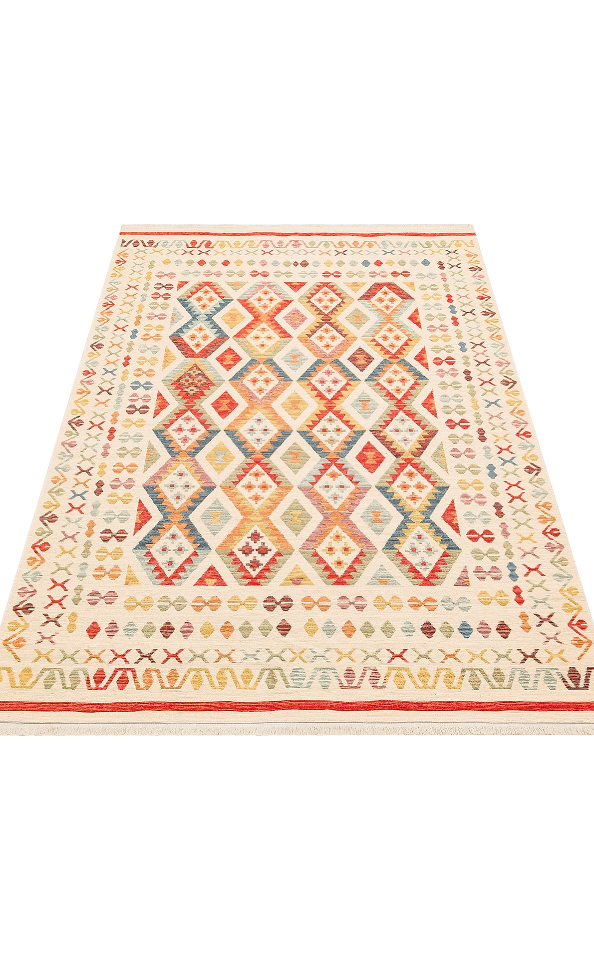 The Soft Mosaic - Washable Reversible Kilim - NMD08 features a rectangular design with colorful geometric diamond patterns in red, yellow, blue, and orange on a cream background, accented by a decorative border.