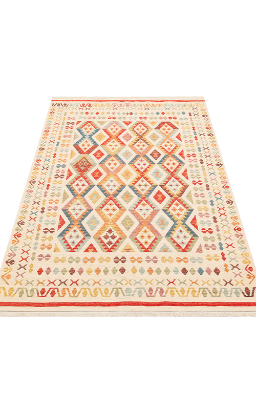 Load image 1 in gallery view. The Soft Mosaic - Washable Reversible Kilim - NMD08 features a rectangular design with colorful geometric diamond patterns in red, yellow, blue, and orange on a cream background, accented by a decorative border.