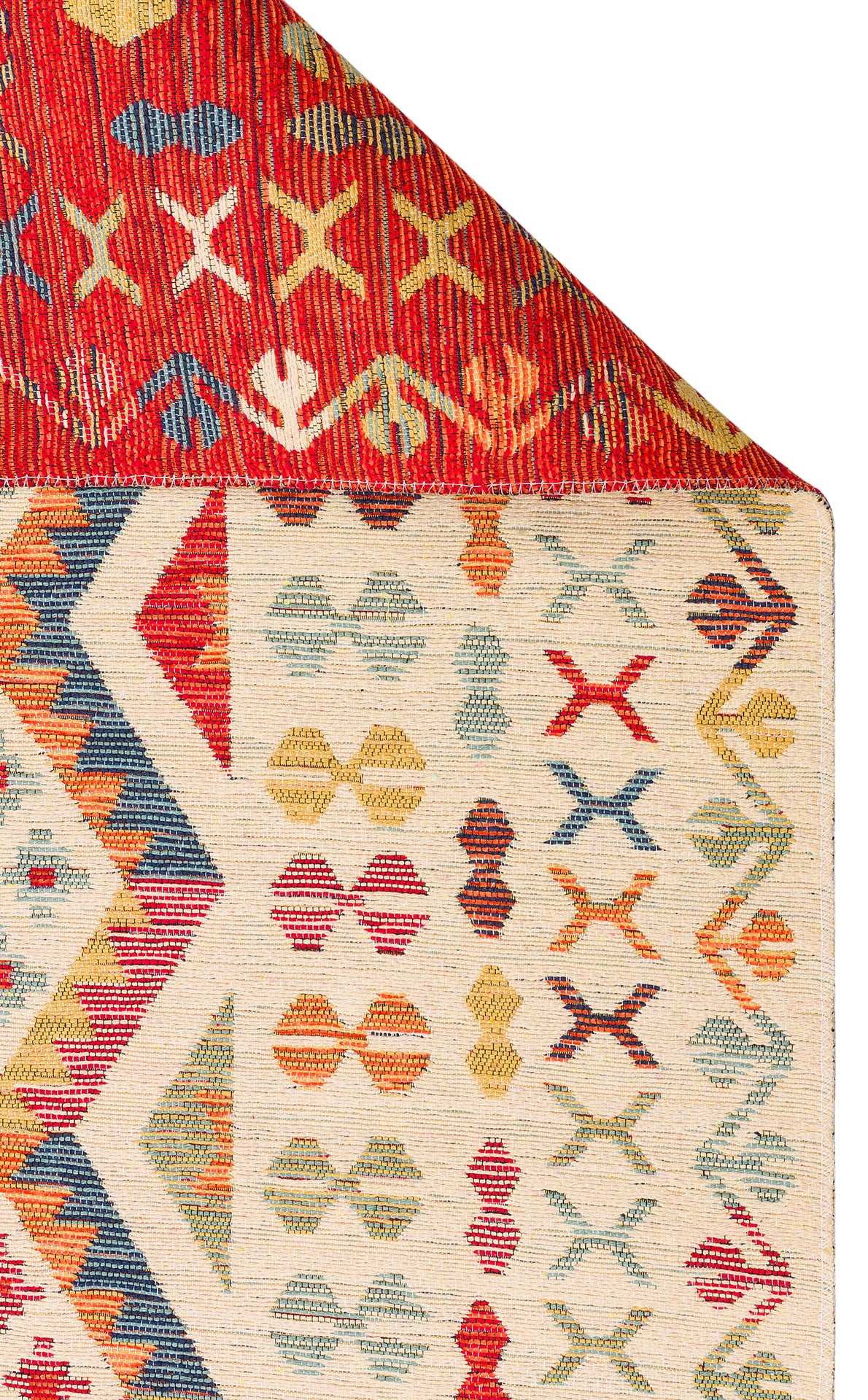 The Soft Mosaic - Washable Reversible Kilim - NMD08 features a cream background with multicolored geometric motifs, a bordered design, and a red underside decorated with diamond and cross shapes. Rug shown with one corner folded over.