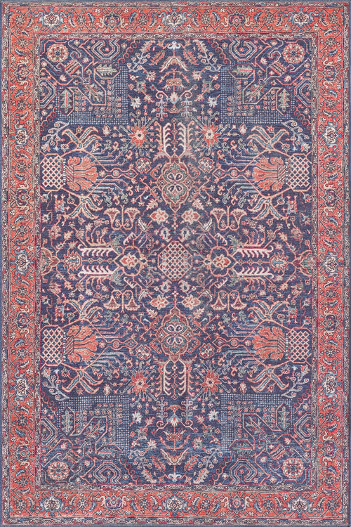 Load image 1 in gallery view. The Solstice Red Navy Washable Rug - LCC3026 features a symmetrical floral and geometric pattern in blue, red, and cream with an ornate border. Durable and perfect for high-traffic areas, it offers a rich, textured look in any custom size.