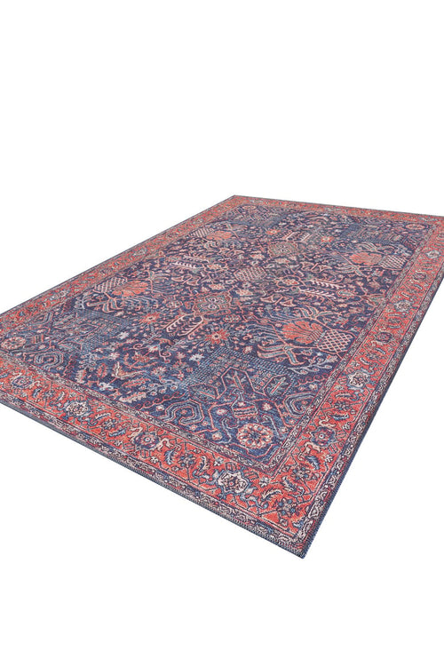 Load image 1 in gallery view. The Solstice Red Navy Washable Rug - LCC3026 (Custom Size) is a large blue rectangular rug featuring red floral and geometric patterns on a white background. Its washable design makes it ideal for high-traffic areas.