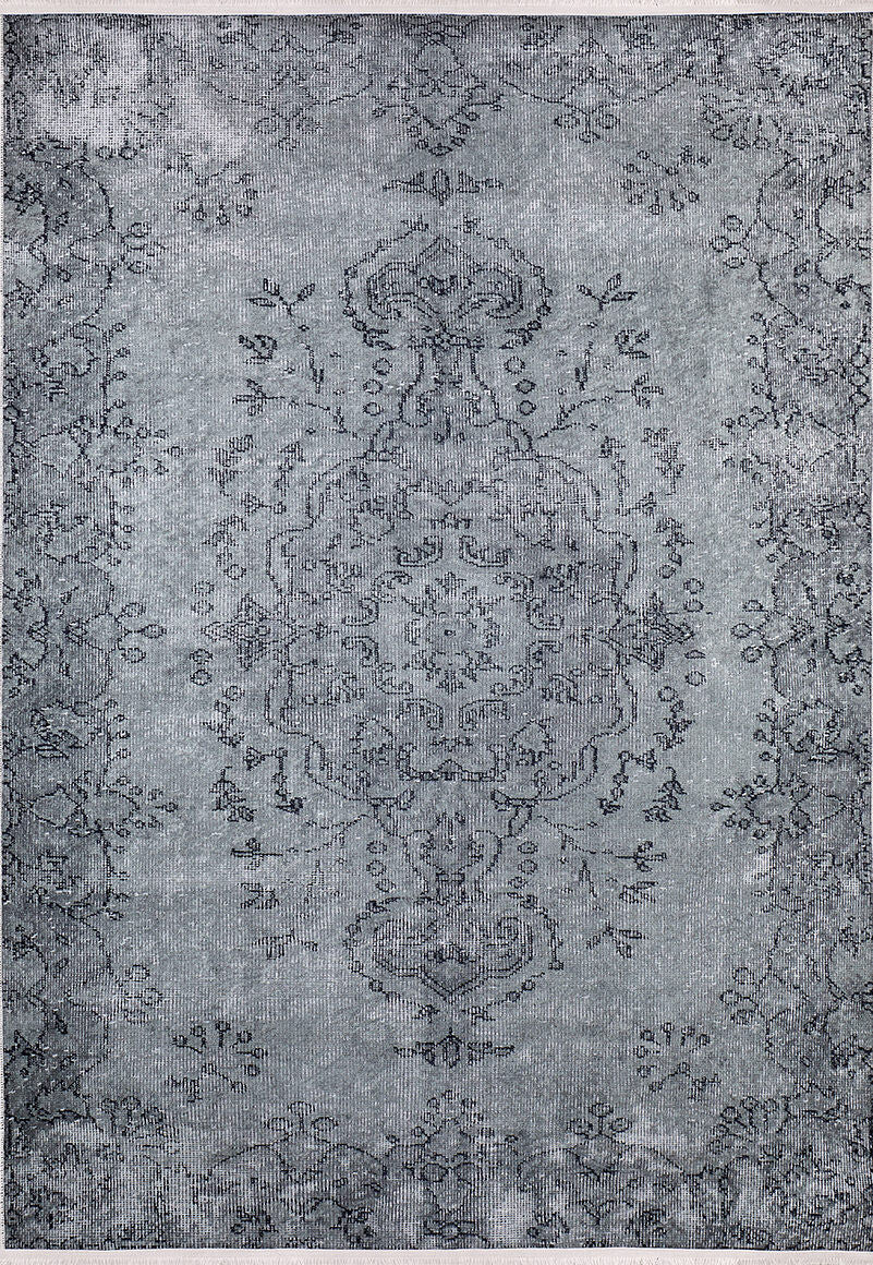 The Sophisticated Design - Washable Rug - JR173 (Custom Size) is a rectangular gray-anthracite rug with a vintage, faded floral and medallion pattern in darker grays—ideal for high-traffic areas.