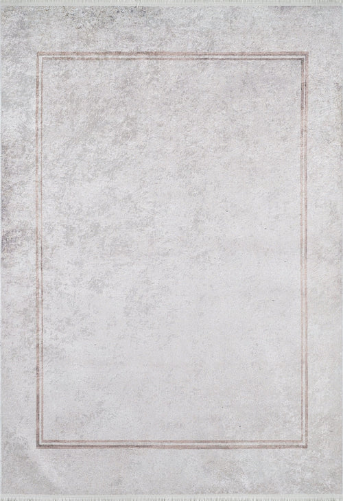 Load image 1 in gallery view. The Sophisticated Edging - Washable Rug - JR1738 (Custom Size) features a pale, textured design with a subtle double border in light gray and beige—perfect for modern, allergy-sensitive homes.