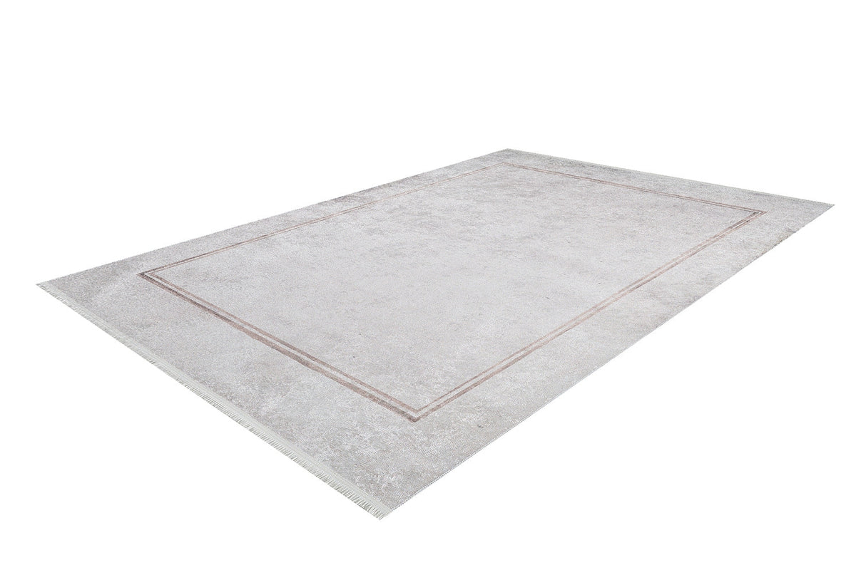 The Sophisticated Edging - Washable Rug - JR1738 (Custom Size) is a rectangular, light gray rug with a subtle double-line border, ideal for allergy-sensitive spaces and shown on a white background.