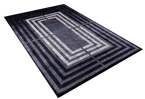 Load image 1 in gallery view. The Sophisticated and Chic - Washable Rug - JR1409 (Custom Size) is a rectangular black rug with gray and white geometric lines, forming a layered pattern. Ideal for high-traffic areas, it’s easy to clean and displayed on a white background.