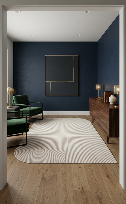Load image 1 in gallery view. Cream and beige oval rug with a linear geometric pattern, styled in a modern living room with dark blue walls.