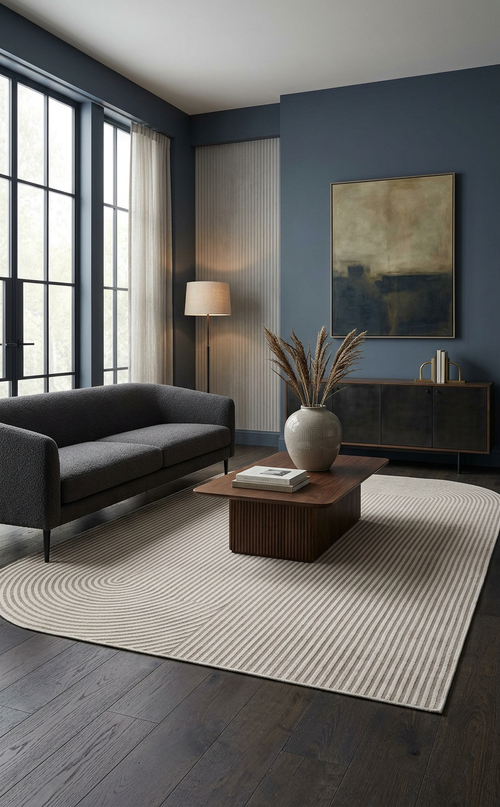 Load image 1 in gallery view. Cream and grey rug with a rounded geometric line pattern, styled in a modern living room.