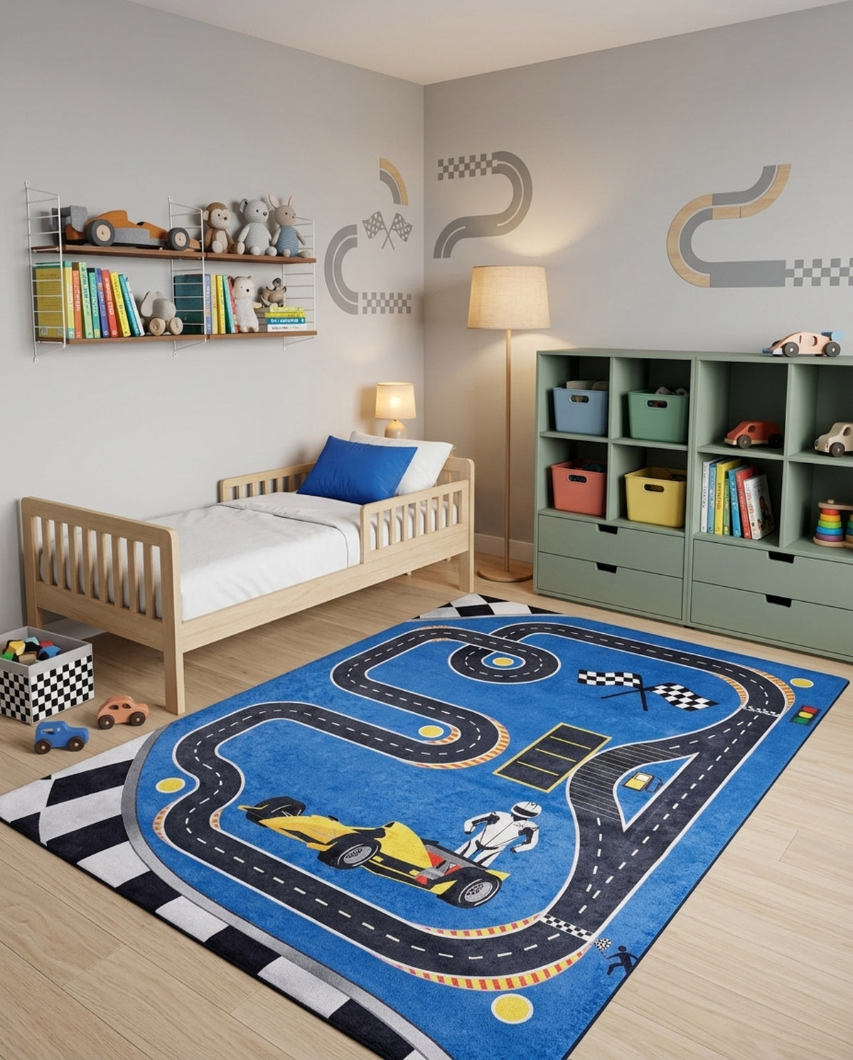 Blue rug with a race track pattern, yellow race car, and checkered borders, styled in a child's bedroom.