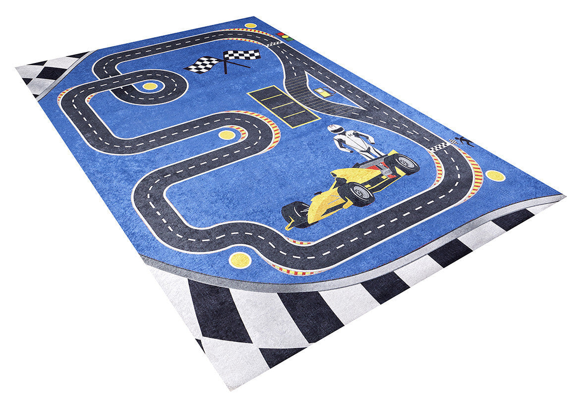 The Speedway Sprouts - Machine-Washable Rug JRC068 (Custom Size) is a blue play mat with a winding racetrack, black and white dashed roads, yellow race car, racer, checkered flags, and border—ideal for high-traffic areas.