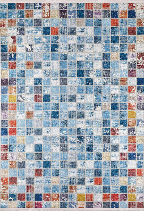 Load image 1 in gallery view. The Square Serenity - Washable Rug - JR1255 (Custom Size) features a textured, distressed grid of small blue, orange, red, yellow, gray, and white squares—its modern geometric look is perfect for high-traffic areas.