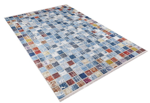 Load image 1 in gallery view. The Square Serenity - Washable Rug - JR1255 (Custom Size) features a rectangular shape with a distressed, multicolor patchwork of blue, red, yellow, white, and gray squares—perfect for high-traffic areas. Shown on a white background.