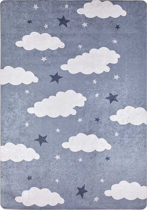 Load image 1 in gallery view. The Starry Cloudscape - Machine-Washable Rug JRC045 (Custom Size) features white clouds and dark blue stars on a gray-anthracite background, adding whimsical sky-themed style ideal for high-traffic areas.
