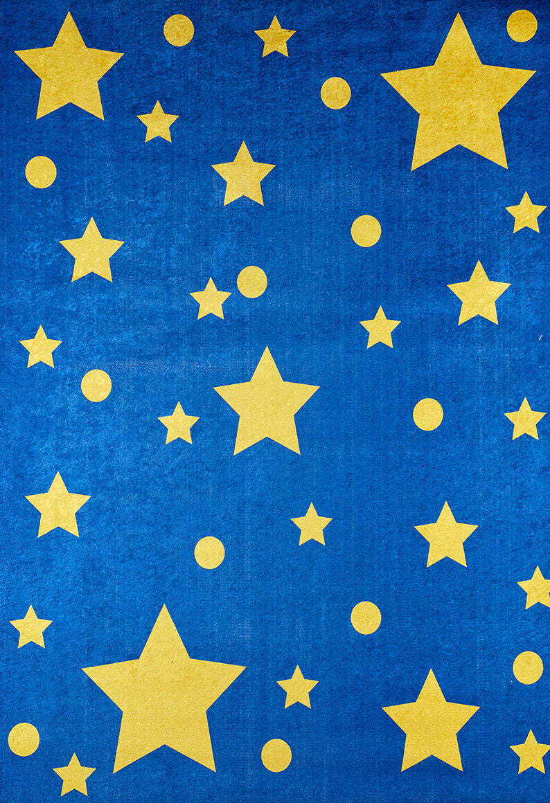 Starry Dreams - Machine-Washable Rug JRC004 (Custom Size) features yellow stars and circles on a textured, bright blue flat weave, blending playful style with practical washable convenience for any space.