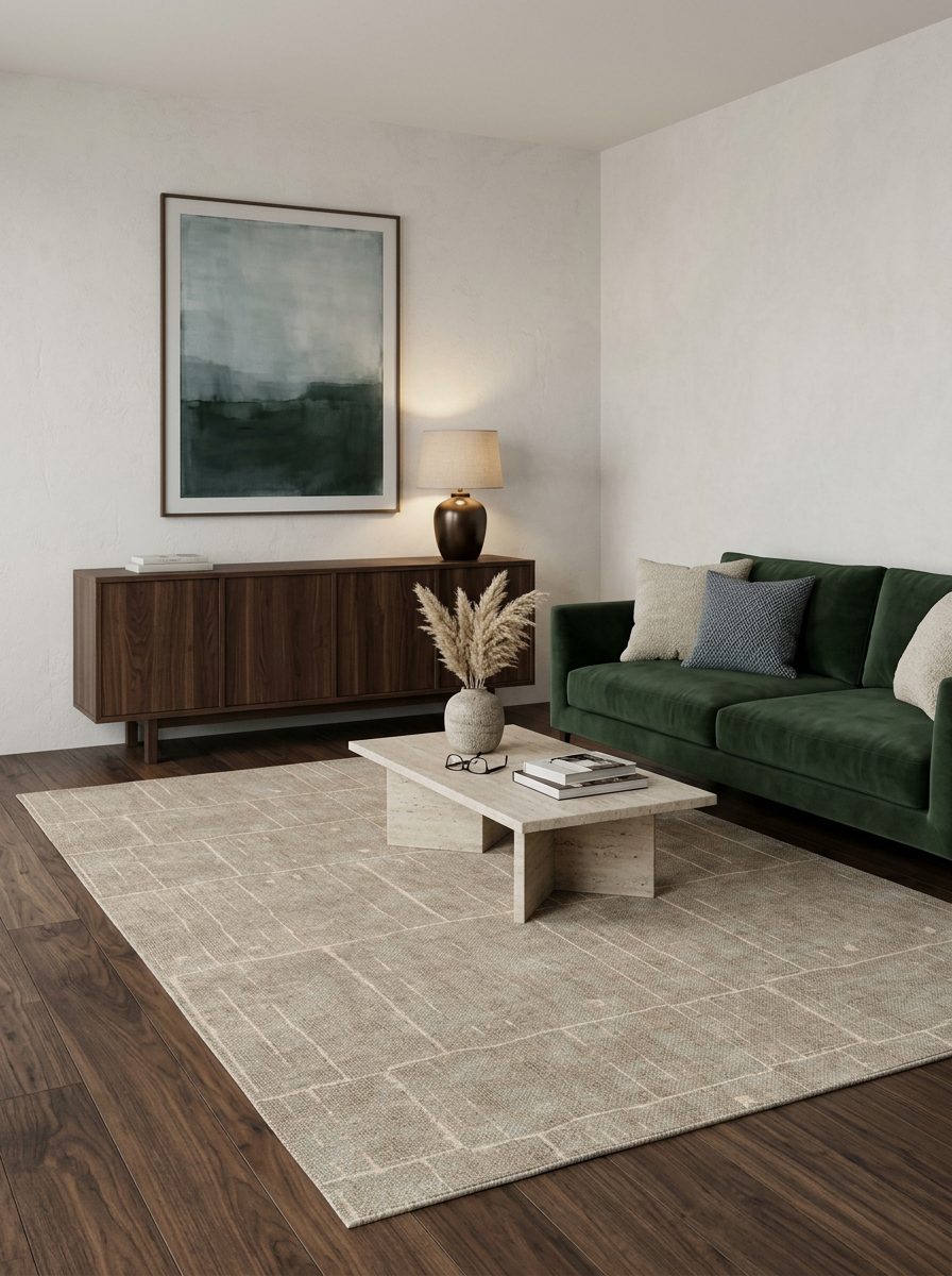 Beige rug with a subtle grid pattern, styled in a modern living room with a green sofa and dark wood furniture.