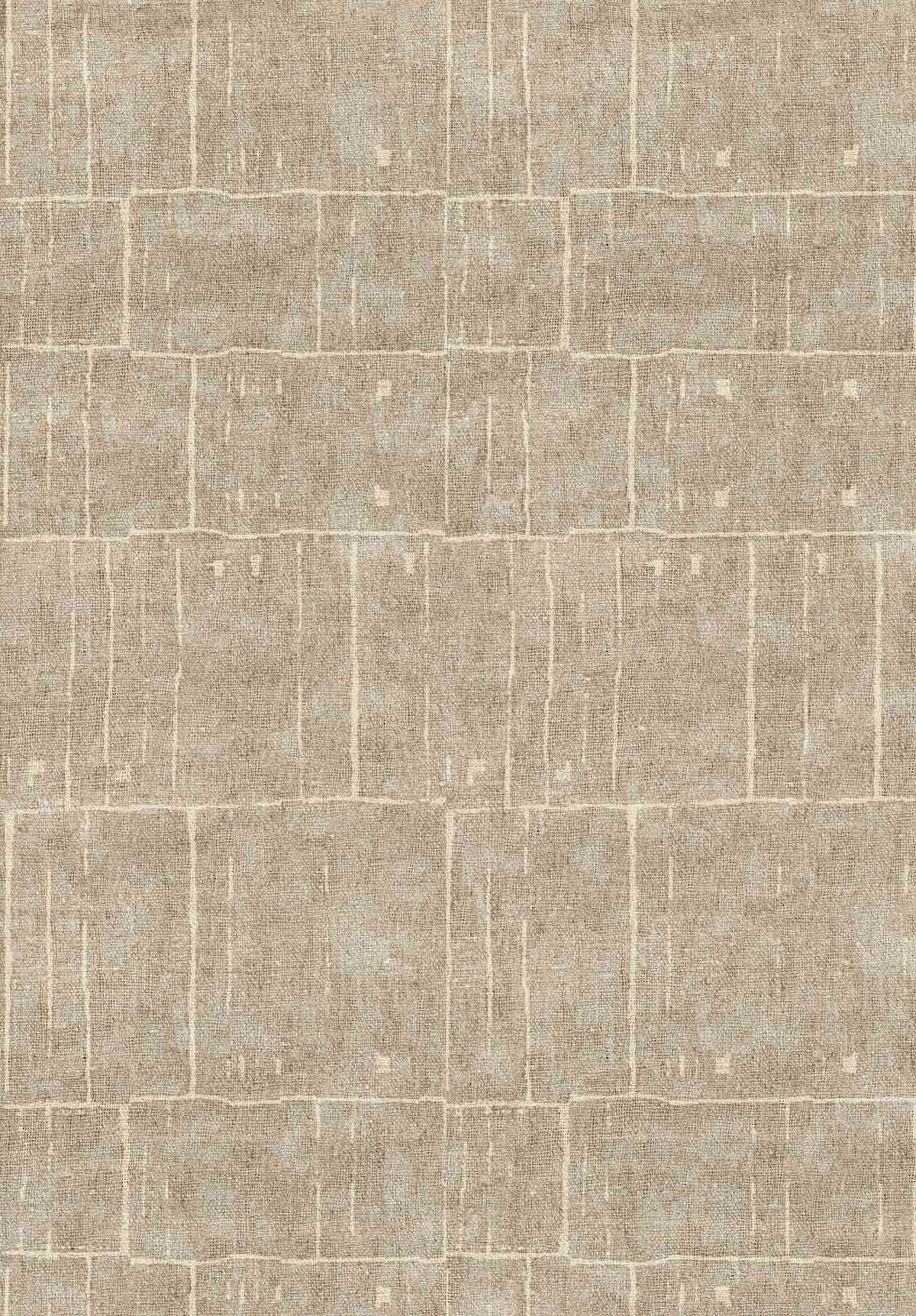 Taupe and beige rug with a grid-like pattern of rectangular blocks and vertical distressed lines.