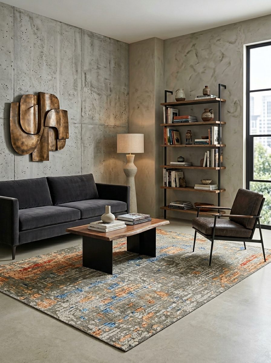 Grey, orange, and blue abstract distressed rug in a modern living room with concrete walls.