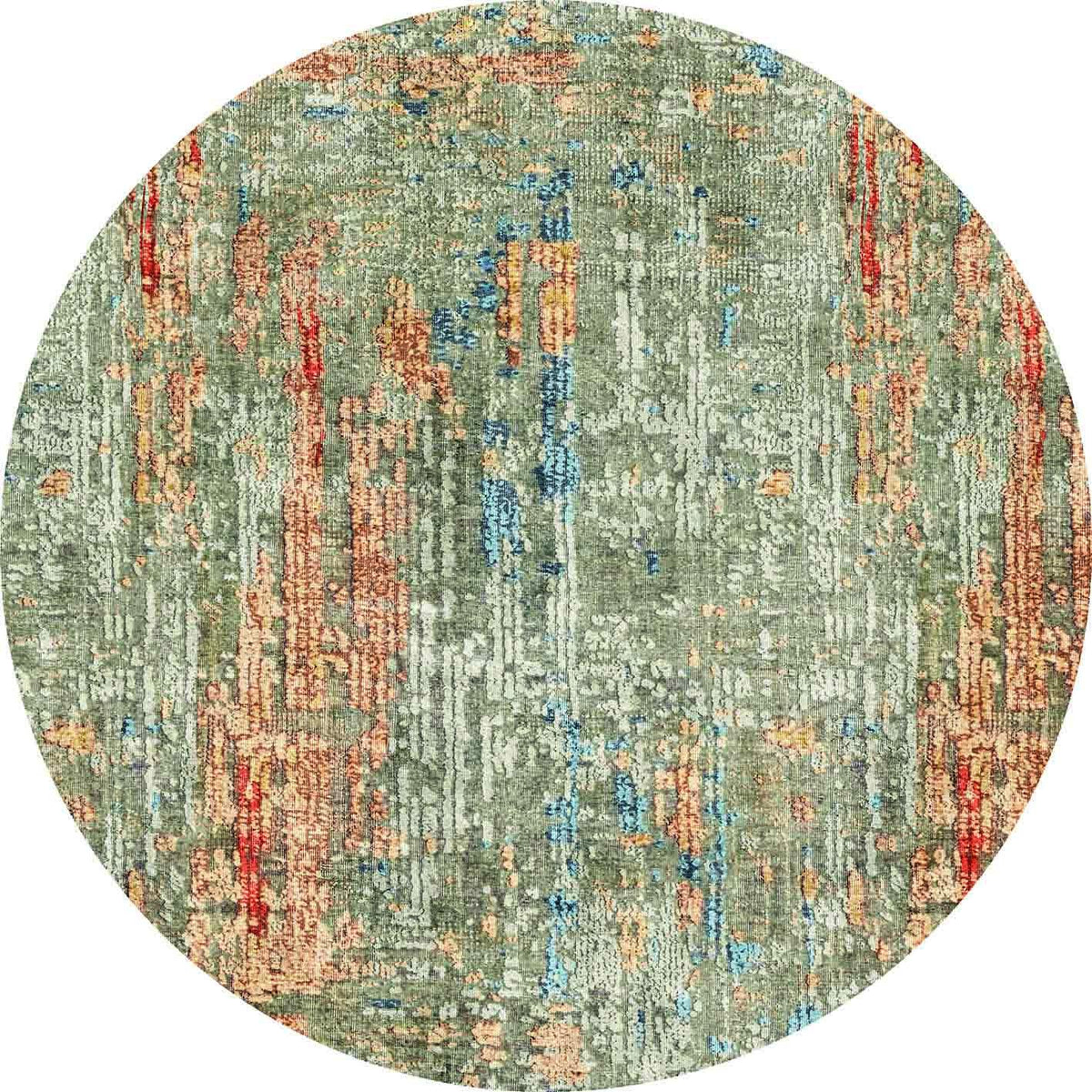 Round rug with an abstract, distressed vertical pattern in sage green, rust orange, and blue on a white background.