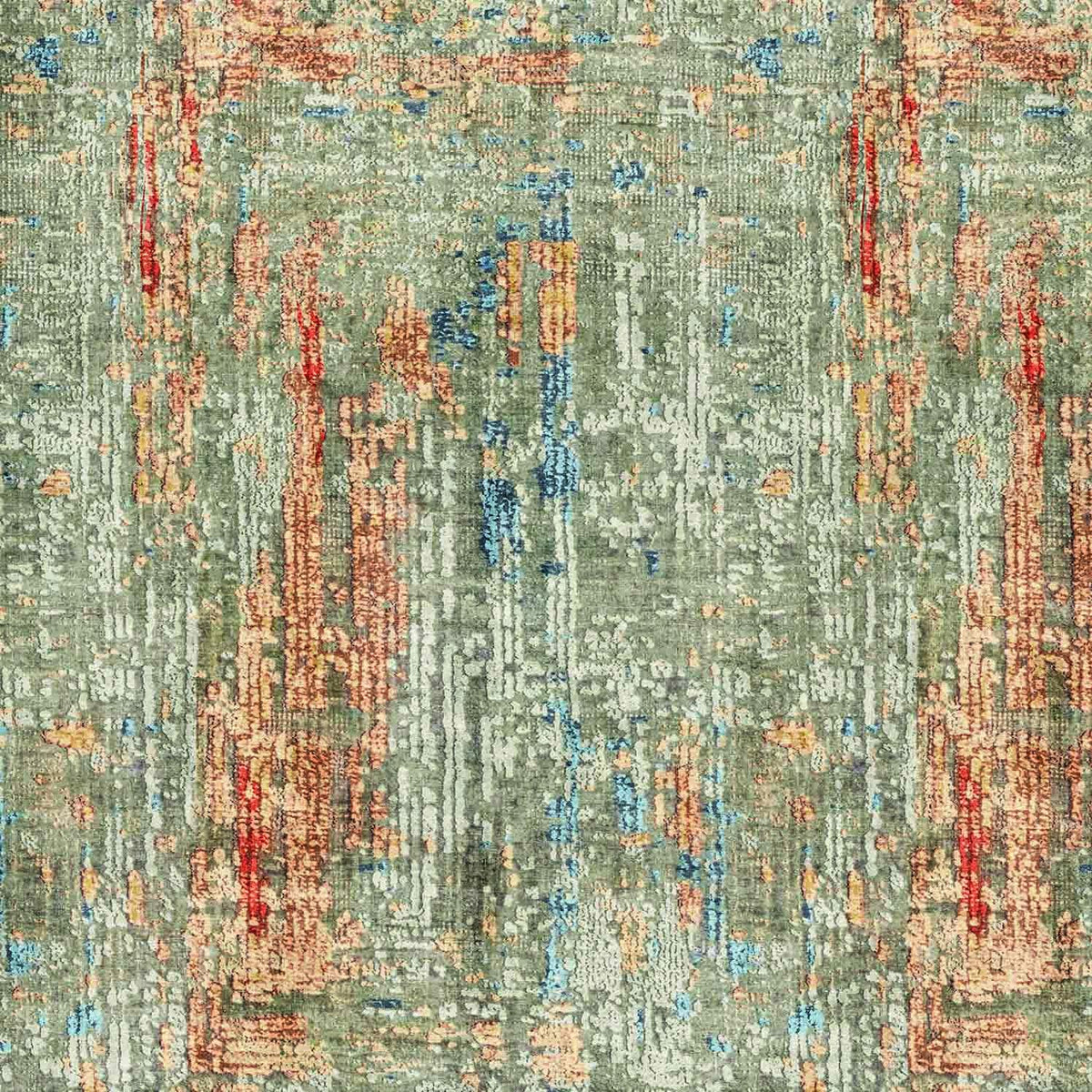 Sage green abstract rug with distressed vertical streaks in rust, orange, and blue.