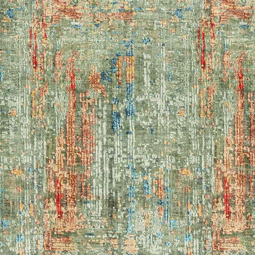Load image 1 in gallery view. Sage green abstract rug with distressed vertical streaks in rust, orange, and blue.