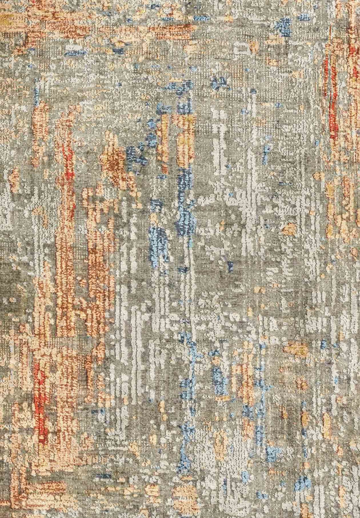 Grey, orange, and blue abstract rug with a distressed, vertical textured pattern.