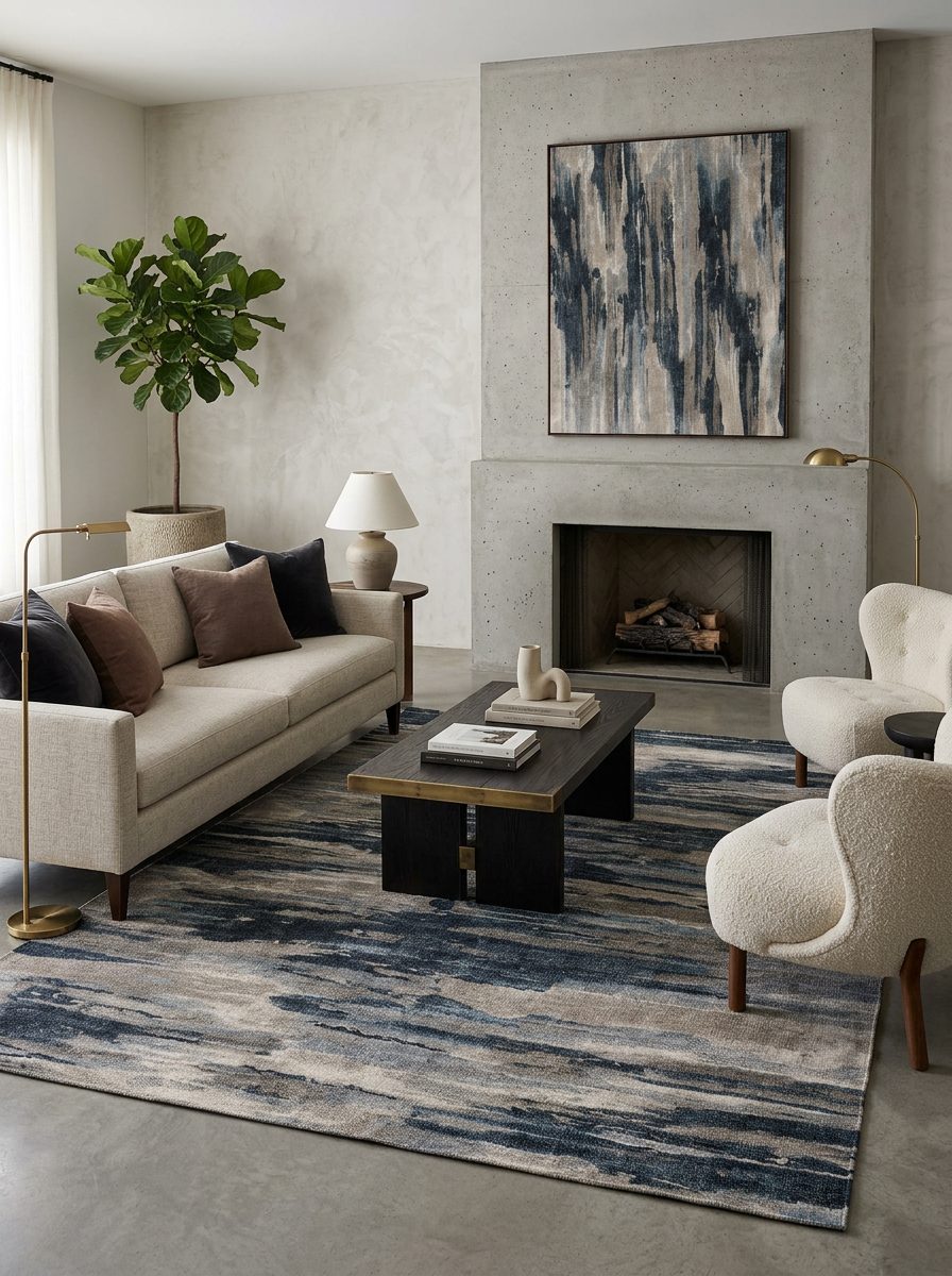 Blue, grey, and beige abstract horizontal striped rug in a modern living room with a concrete fireplace.