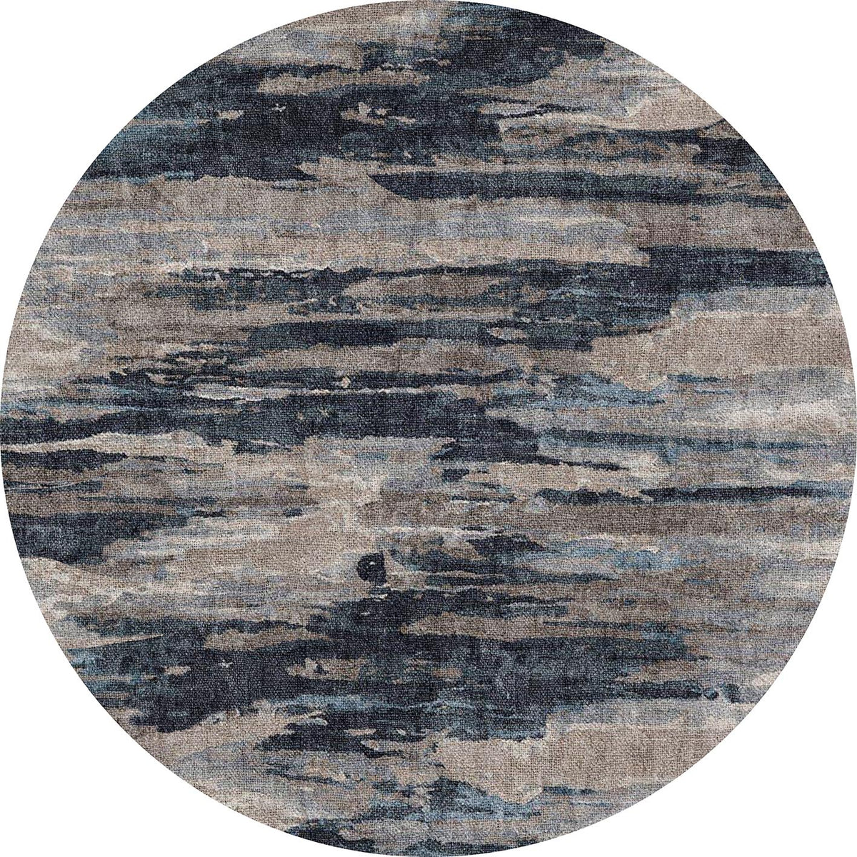 Round rug with an abstract, horizontal layered pattern in shades of navy blue, charcoal, and taupe.
