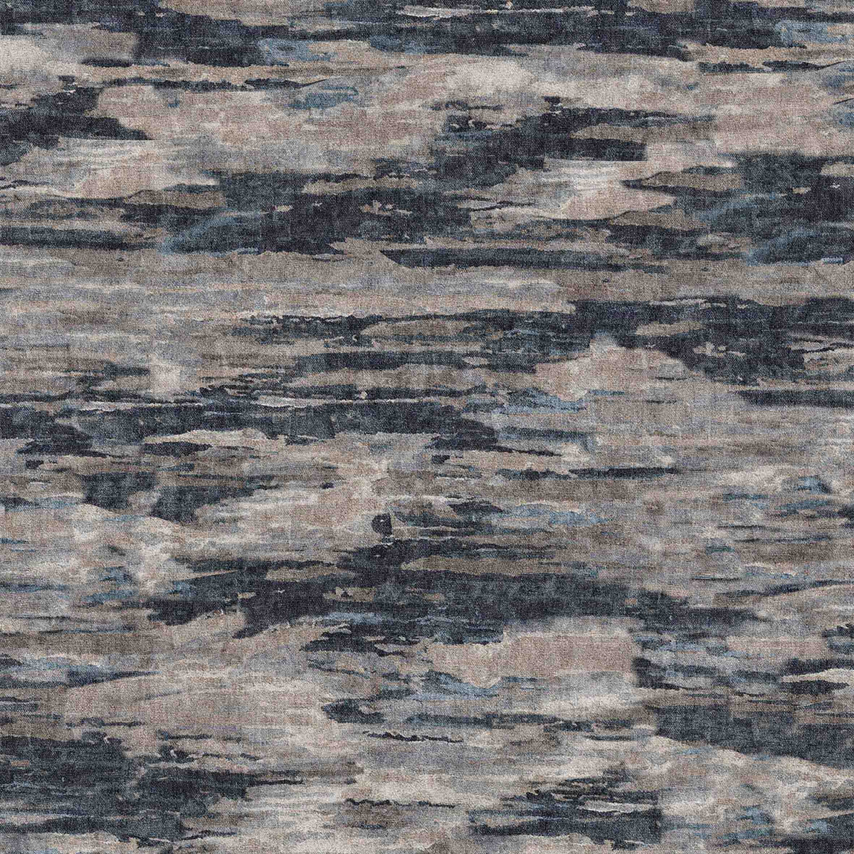 Abstract rug with a distressed, horizontal layered pattern in shades of charcoal, slate blue, and taupe.