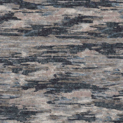 Load image 1 in gallery view. Abstract rug with a distressed, horizontal layered pattern in shades of charcoal, slate blue, and taupe.
