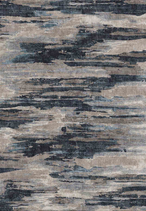 Load image 1 in gallery view. Abstract rug with horizontal, distressed layers in shades of navy blue, charcoal, and light gray.