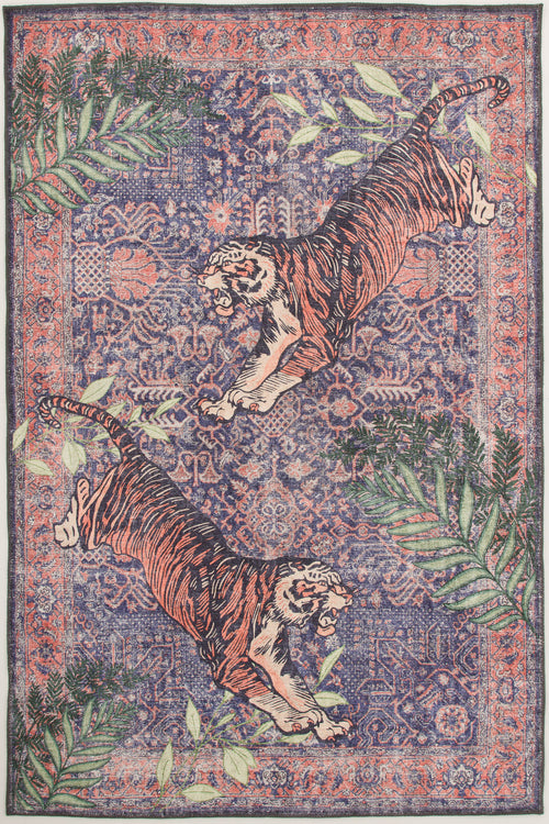 Bild 1 in Galerieansicht laden. The Stormstripe Echo - Washable Rug - JR0046 showcases two orange tigers facing each other on a blue background, framed by leafy green plants, making it a bold and contemporary geometric rug for any space.