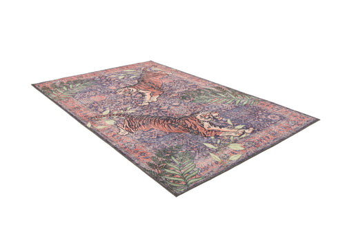 Bild 1 in Galerieansicht laden. The Stormstripe Echo - Washable Rug (JR0046) features an intricate, colorful geometric pattern with two tigers and green plants on a purple and red background, shown on a white surface.
