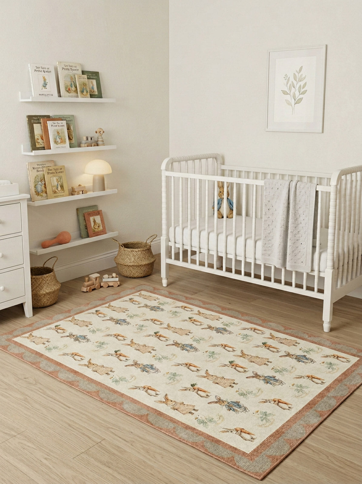 Cream rug with a Peter Rabbit character pattern and scalloped border, styled in a nursery with a white crib.