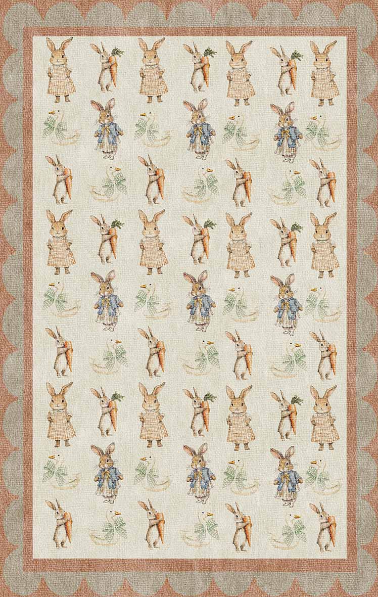Cream rug with a repeating pattern of rabbits and ducks, framed by a scalloped terracotta border.