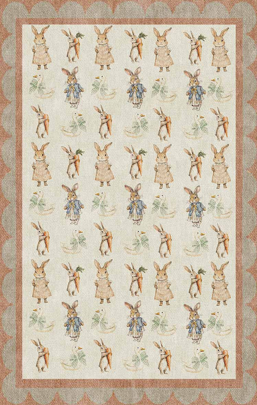 Load image 1 in gallery view. Cream rug with a repeating pattern of rabbits and ducks, framed by a scalloped terracotta border.