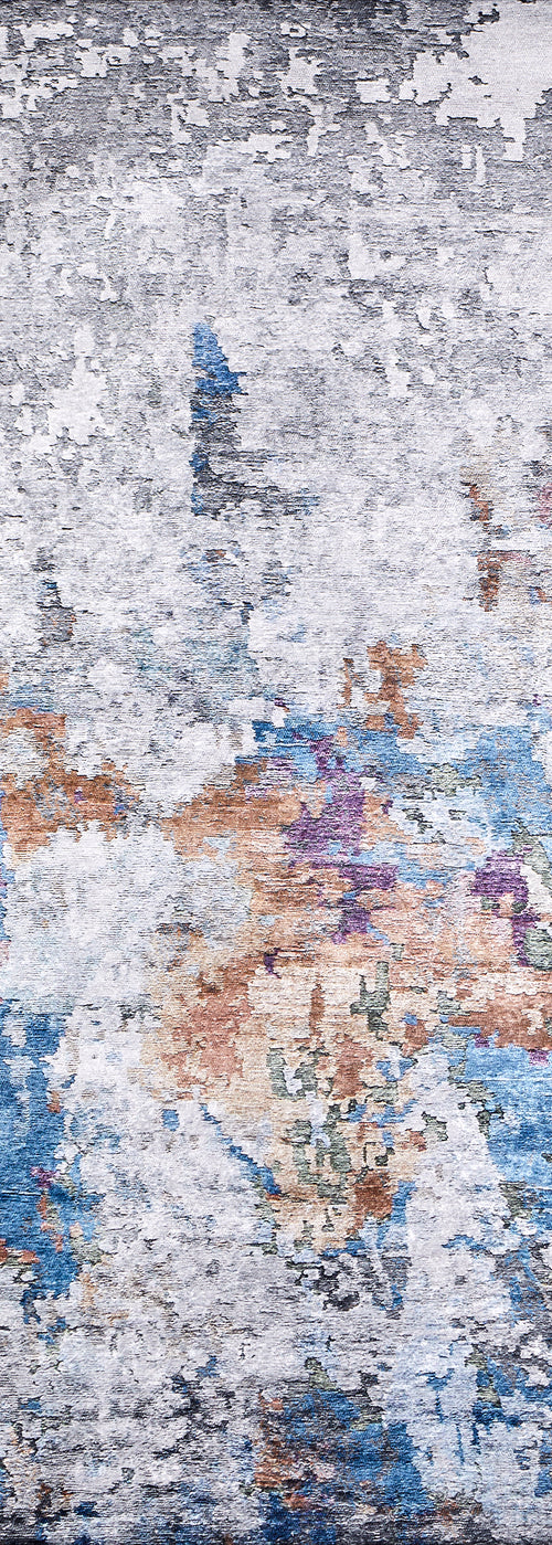 Load image 1 in gallery view. A close-up of the Striking Statements - Washable Rug - JR786 shows gray, white, blue, orange, purple, and green tones in a textured flat weave design, giving any space a modern abstract style with painterly flair.