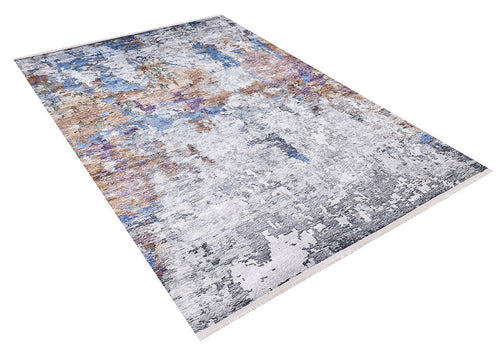 Load image 1 in gallery view. The Striking Statements - Washable Rug - JR786 (Custom Size) is a rectangular, multicolor flat weave rug featuring an abstract, weathered pattern in gray, blue, brown, and purple tones. Modern and durable, it's displayed on a white background.