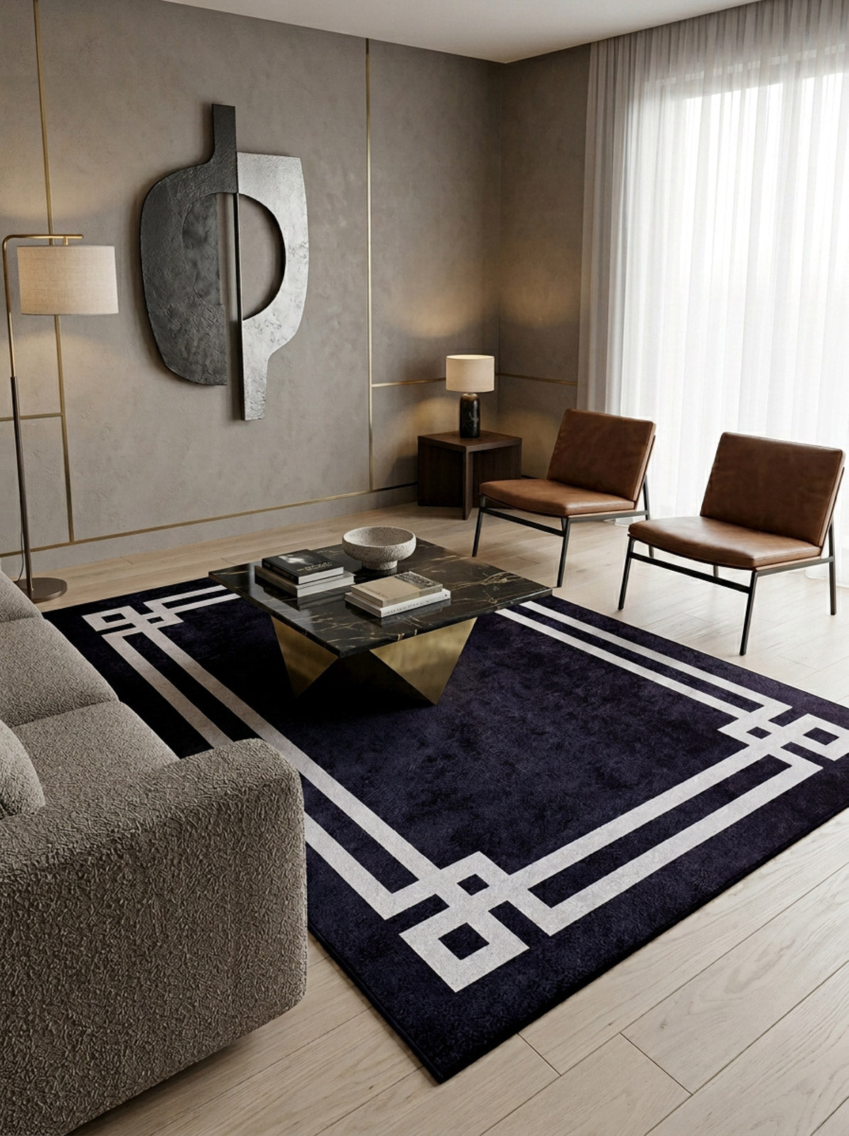 A modern living room featuring a gray sofa, Subtle Border - Washable Rug - JR597 ideal for high-traffic areas, sleek coffee table, two brown chairs, floor lamp, wall artwork, and a large window with sheer white curtains letting in light.