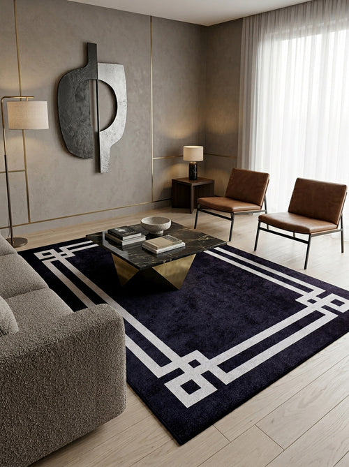 Load image 1 in gallery view. A modern living room featuring a gray sofa, Subtle Border - Washable Rug - JR597 ideal for high-traffic areas, sleek coffee table, two brown chairs, floor lamp, wall artwork, and a large window with sheer white curtains letting in light.