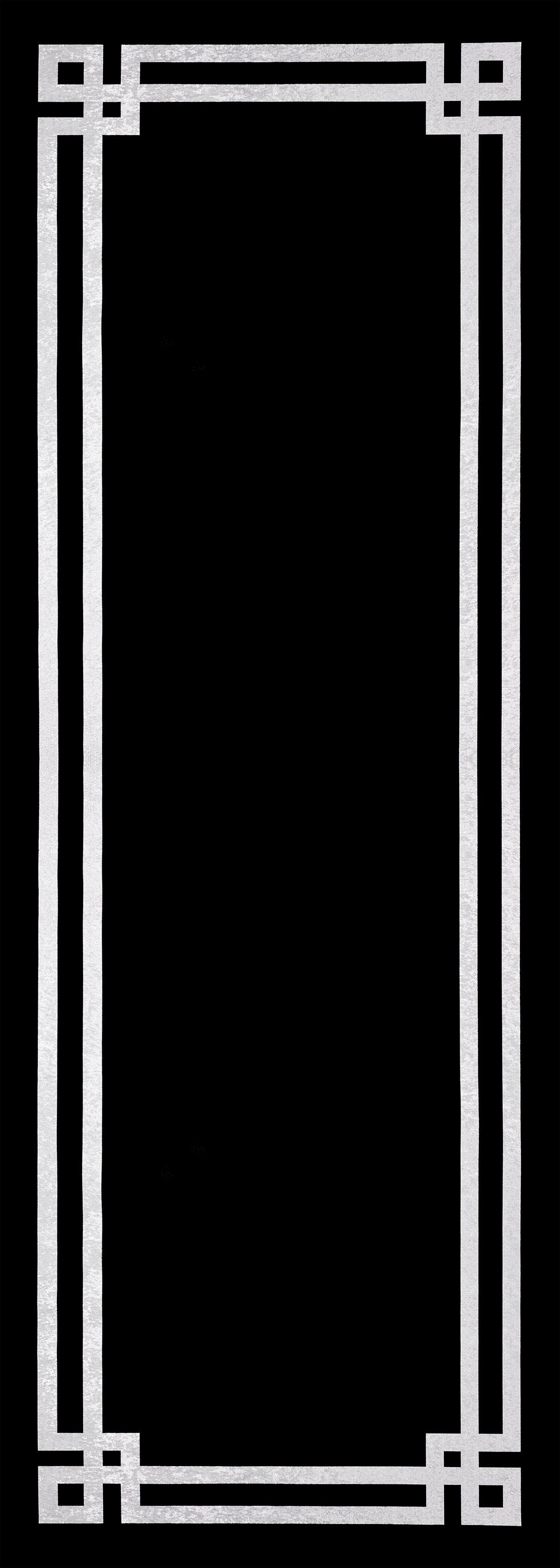 The Subtle Border - Washable Rug - JR597 features a rectangular white geometric border with angular corners on a black background, offering minimalist style and easy cleaning—perfect for high-traffic areas.